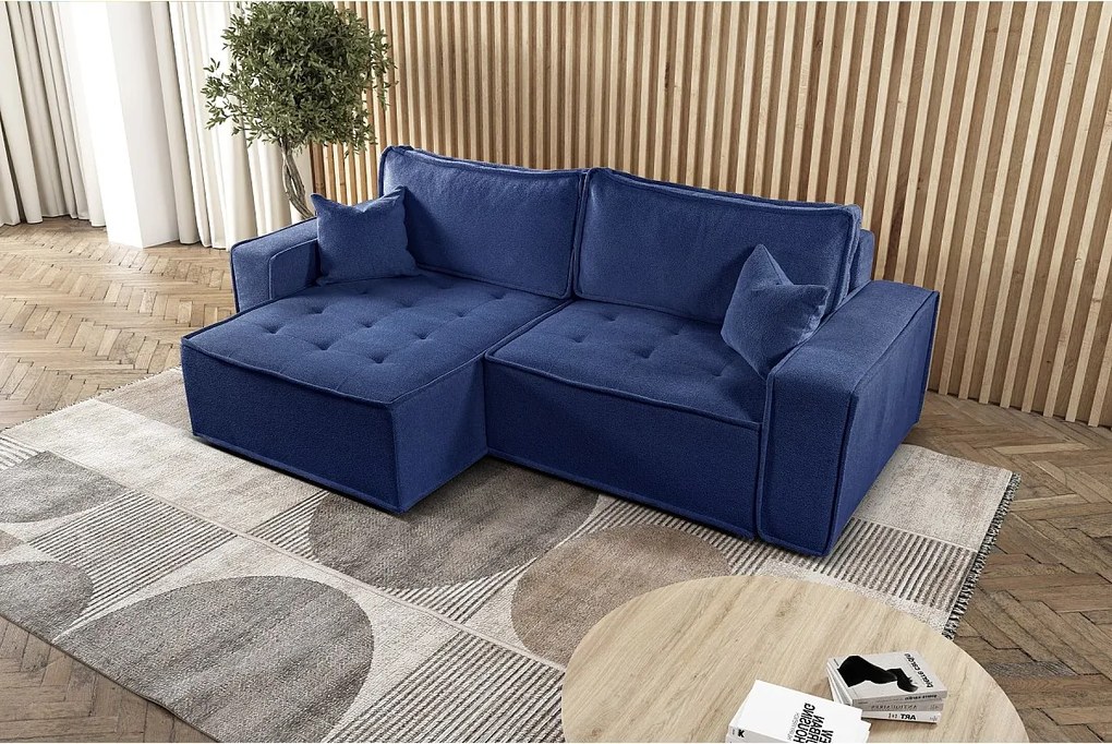Narożnik z funkcją spania w kształcie L Bohoo, tkanina Raven, Niebieski, Lewy