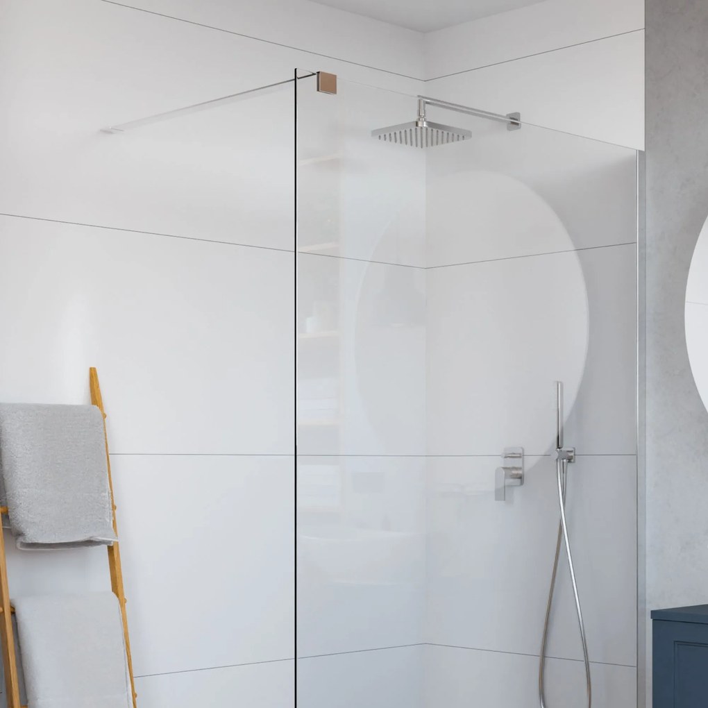 Ścianka prysznicowa WALK IN FIX przezroczysta prostokątna 8 mm Molis Classic Clear MASSI | rożne rozmiary : Kolor profili kabiny - złoty szczotkowany, Szerokość ścianki - 70 cm, Typ montażu - WALK in FIX (Do ściany)