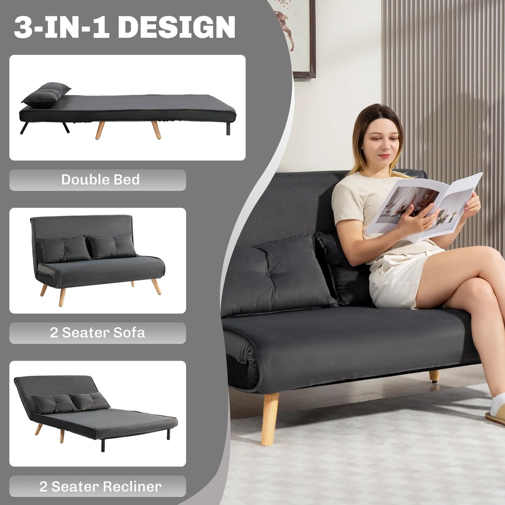 HOMCOM Dwuosobowe sofa do spania, kanapa, która przekształca się w łóżko, regulowane oparcie, pokrycie materiałowe, metalowa rama, szary