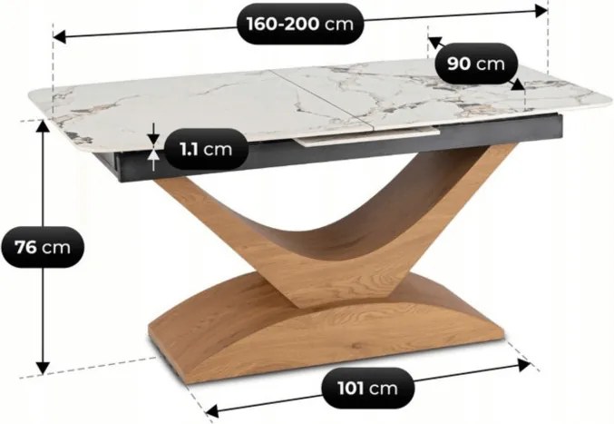 Stół Rozkładany Prostokątny ALICANTE 160-200 cm Ceramiczny Biały Marmur/Dąb do Jadalni Nowoczesny