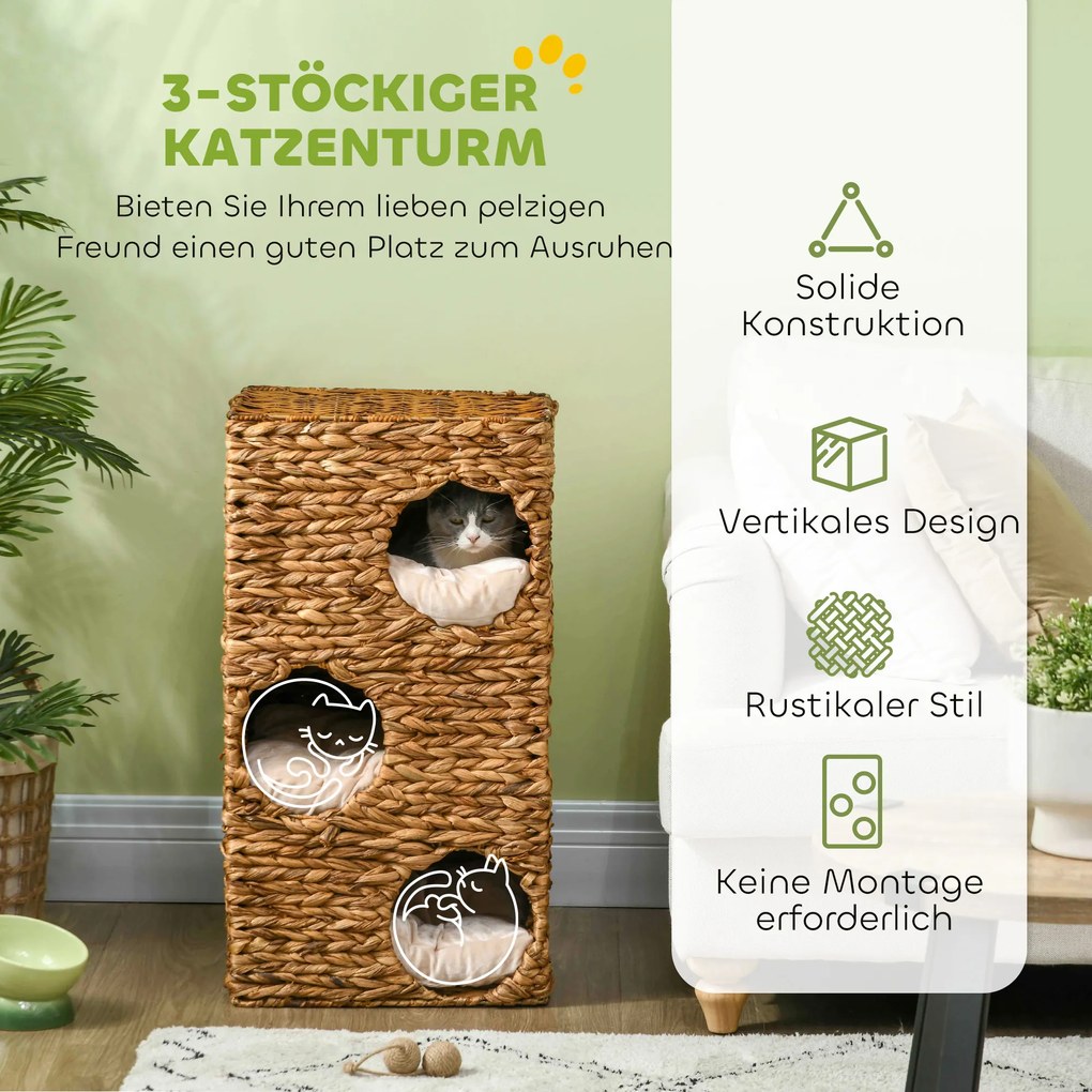 PawHut Drapak dla Kota z Wieżą, 3 Poziomy, Zdejmowane Poduszki, Otwory Drzwiowe, Hiacynt Wodny, Jasnobrązowy