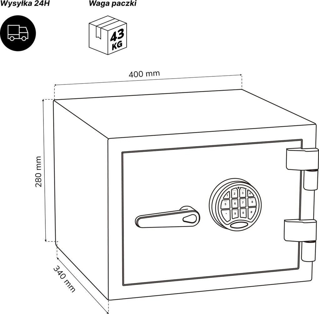 Sejf S2 antywłamaniowy, ognioodporny, elektroniczny na kod, na dokumenty, 400x280x340 mm: EDGAR