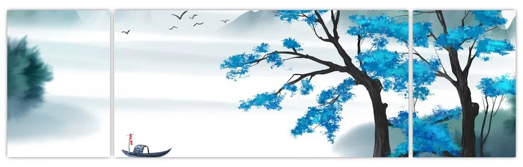 Obraz - Malowane jezioro z łódką (170x50 cm)