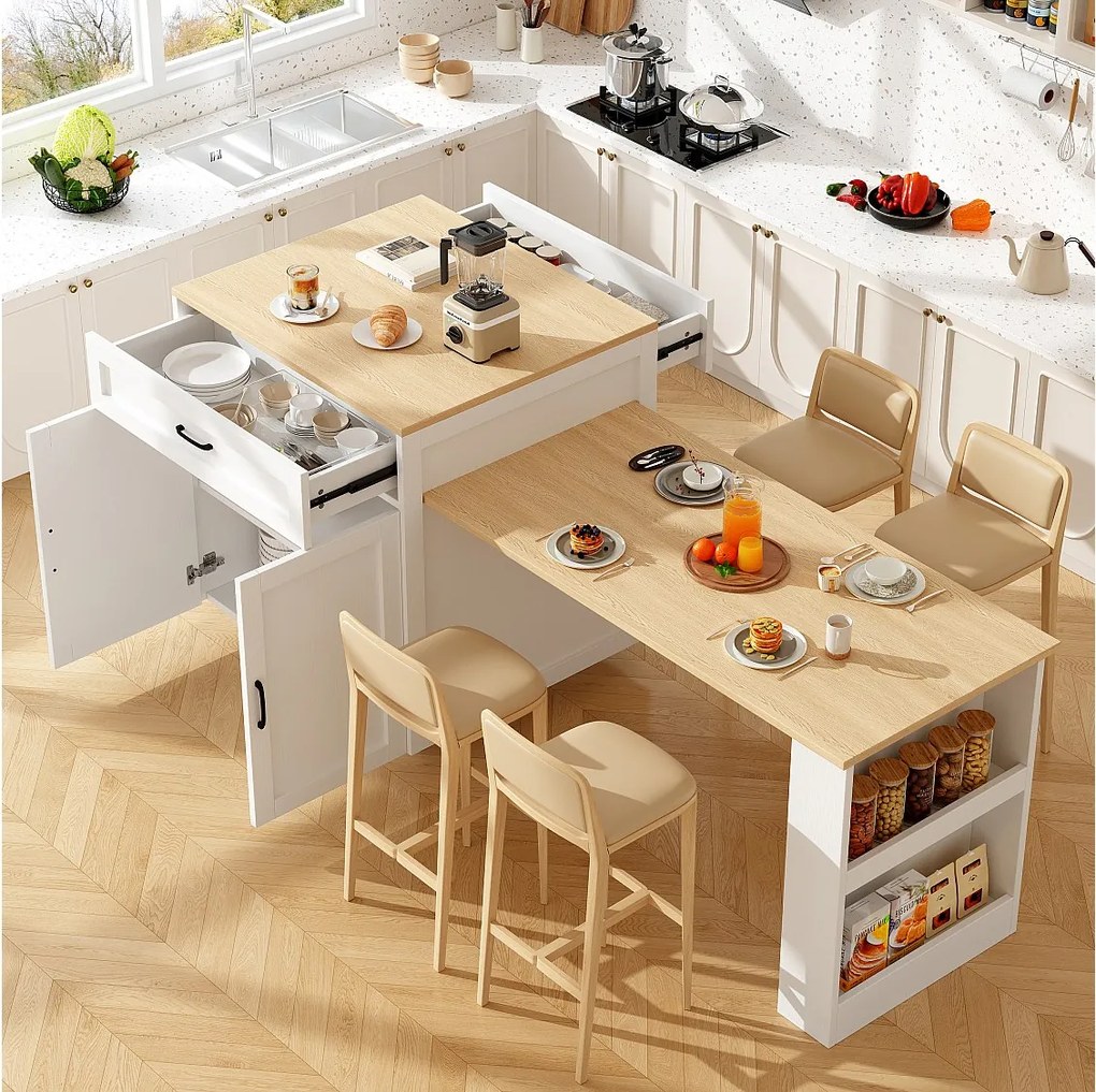 Nowoczesna wyspa kuchenna (133-202 × 70 × 93,5 cm), 2 szuflady i 2 przegrody dla 2-6 osób, MDF, biały