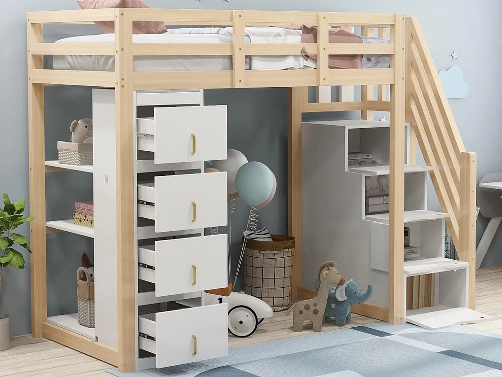 Łóżko mezzanine 90x200cm z litego drewna - z 4 szufladami i schodami do przechowywania - Naturalne (materac nie jest w zestawie)