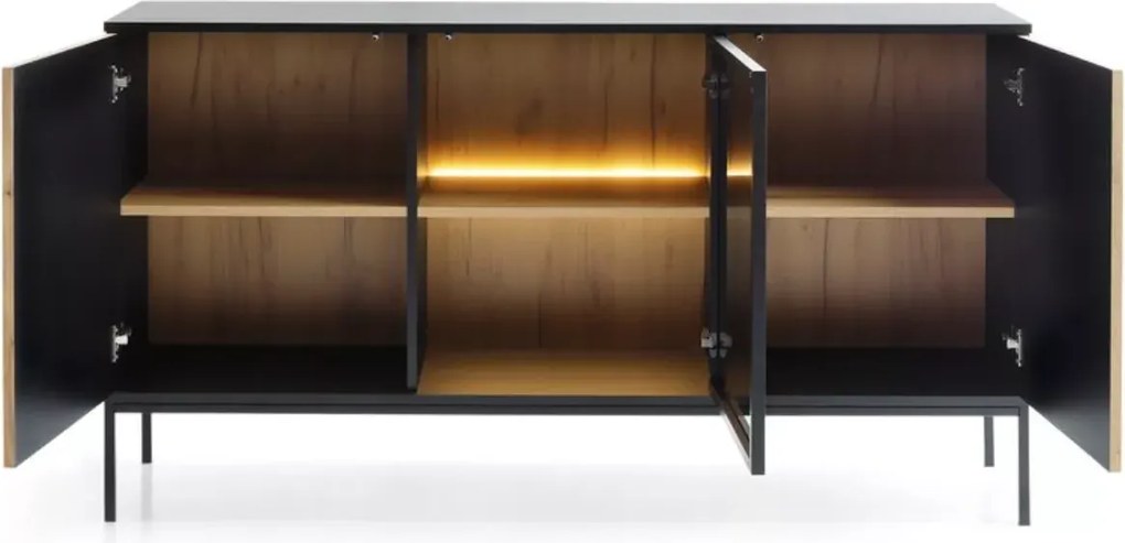 Komoda do salonu Shark 154 cm ryflowana nowoczesna LED szklane drzwi push-to-open metalowy stelaż minimalistyczna