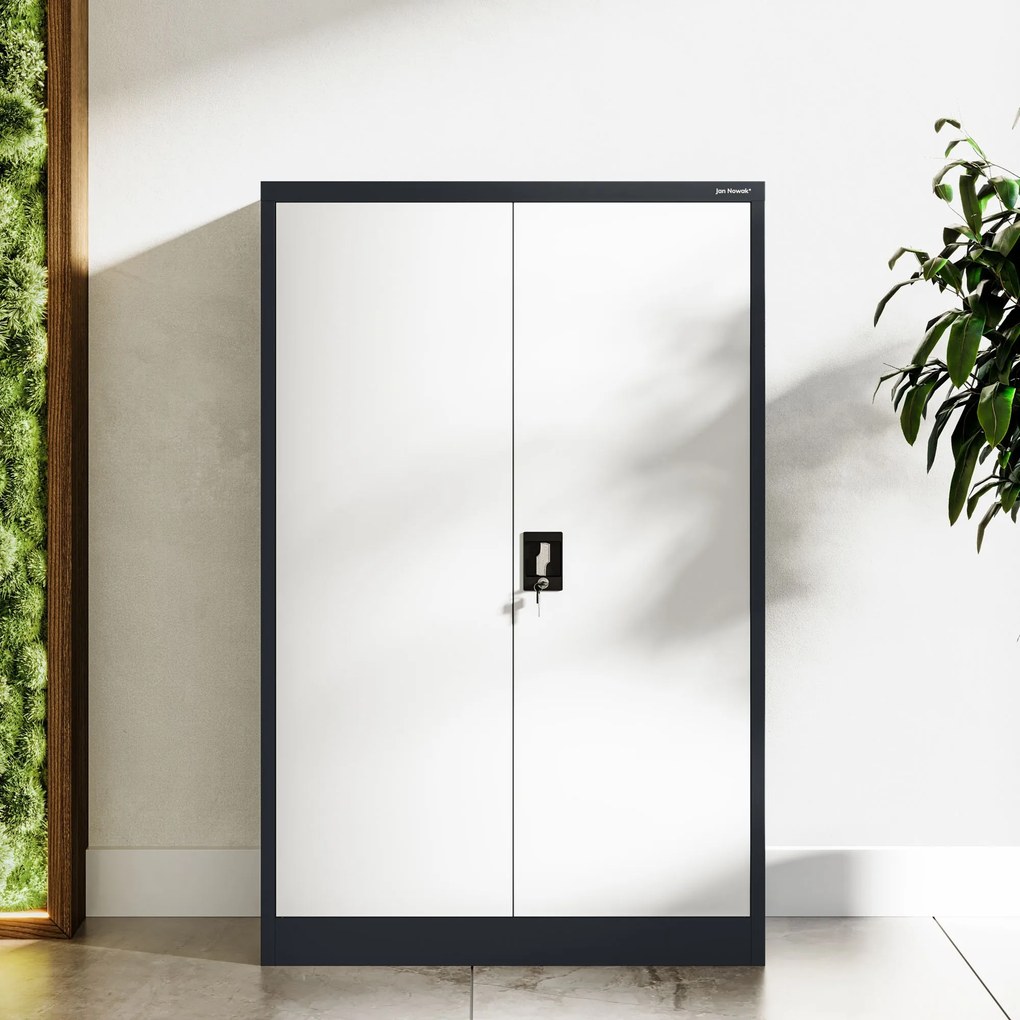 Biurowa szafa metalowa na akta KEVIN, 900 x 1400 x 400 mm, antracytowo-biała