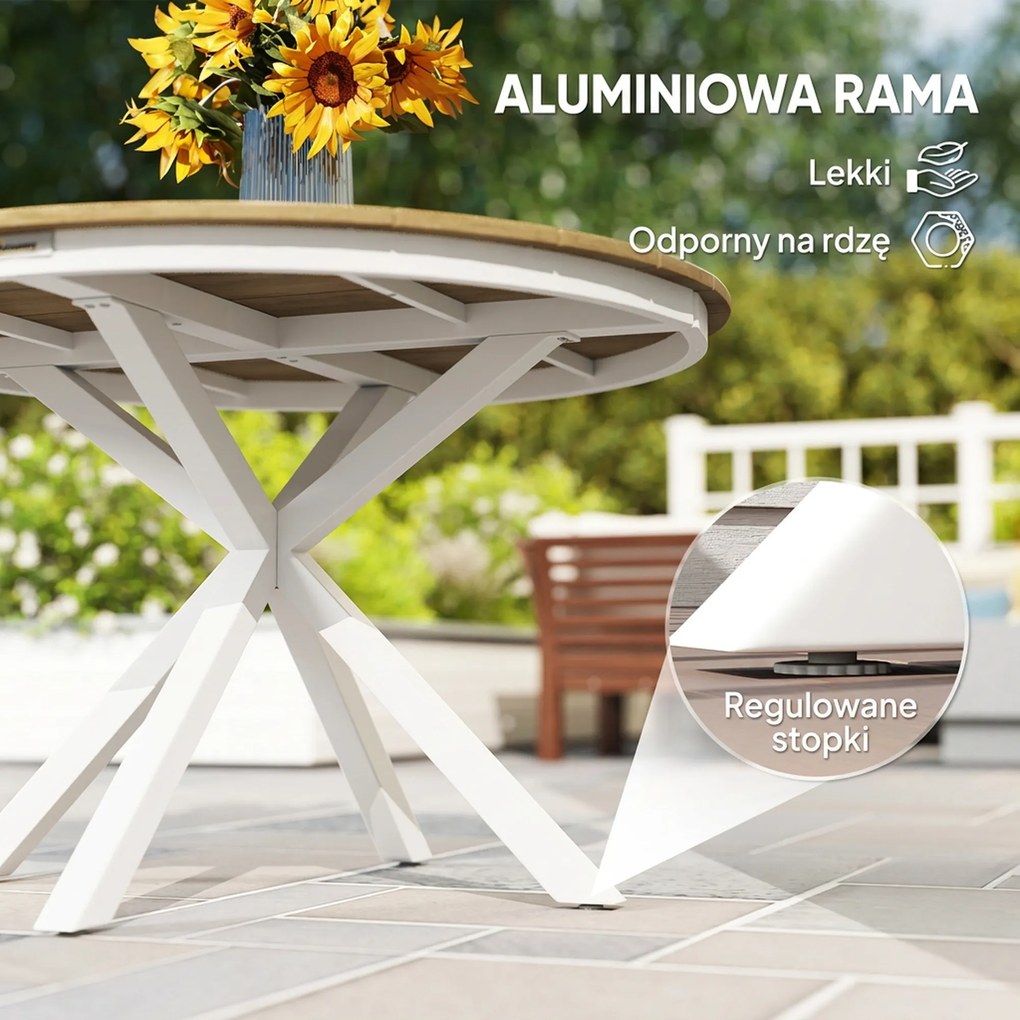 Outsunny Stół Ogrodowy Ø118cm, Wodoodporny Stół Balkonowy z Aluminium, Krzyżujące się nogi z projektem Lamel Teak