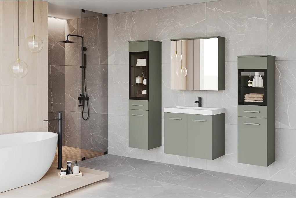 Meble łazienkowe z LED, zestaw wiszący do łazienki z umywalką, 2 słupkami i szafką lustrzaną, mglista zieleń