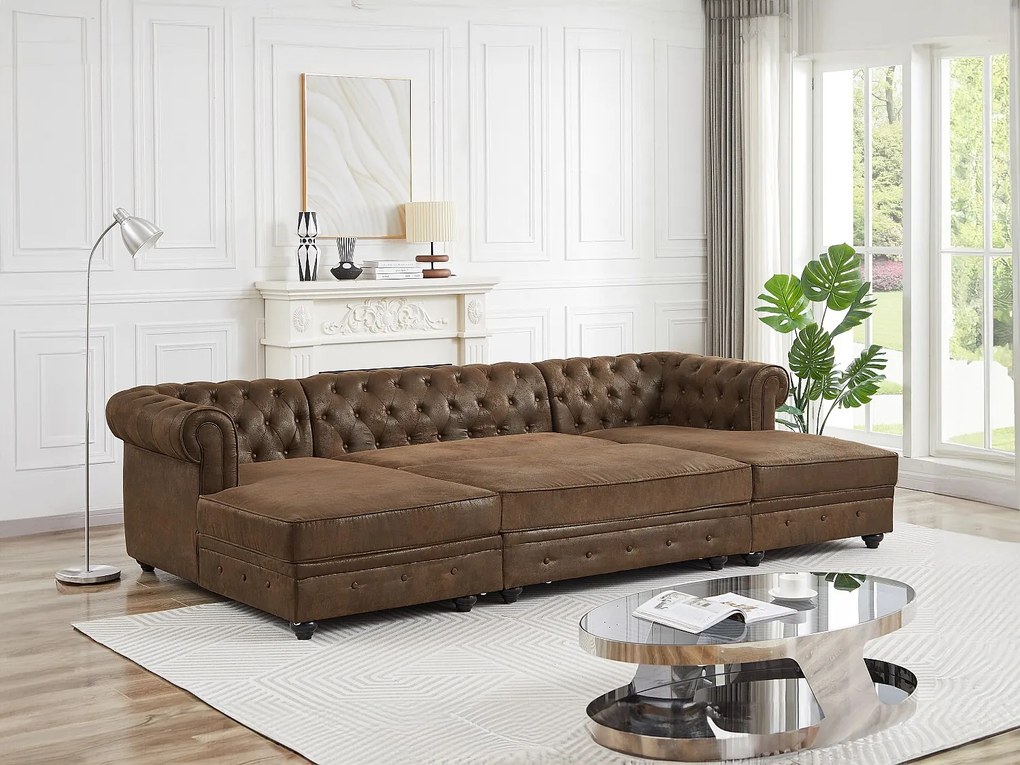 Kanapa narożna wieloosobowa i puf z mikrofibry z efektem postarzanej skóry - CHESTERFIELD