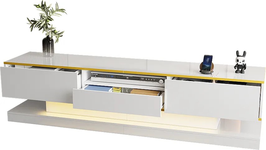 Nowoczesny stojak pod TV - 180 x 38 x 45 cm - z 3 szufladami - wykończenie na wysoki połysk + diody LED - płyta wiórowa - biały