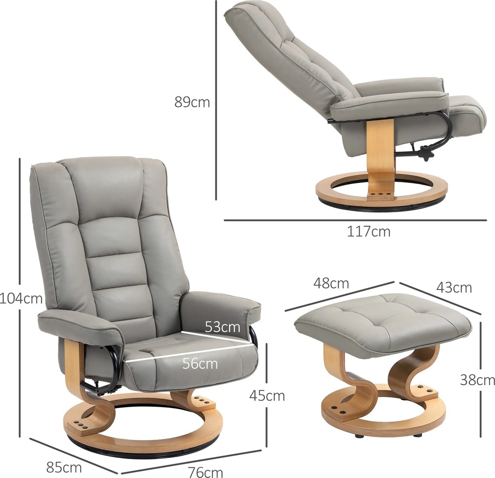 HOMCOM Fotel Relaksacyjny z Podnóżkiem, Obrotowy i Regulowany, Pokrycie ze skóry ekologicznej, do 150 kg, Szara Rama z Drewna