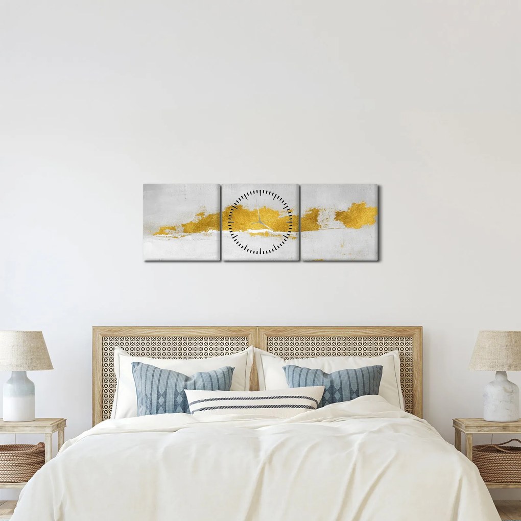 Obraz - Złote i szare pociągnięcia (z zegarem) (90x30 cm)