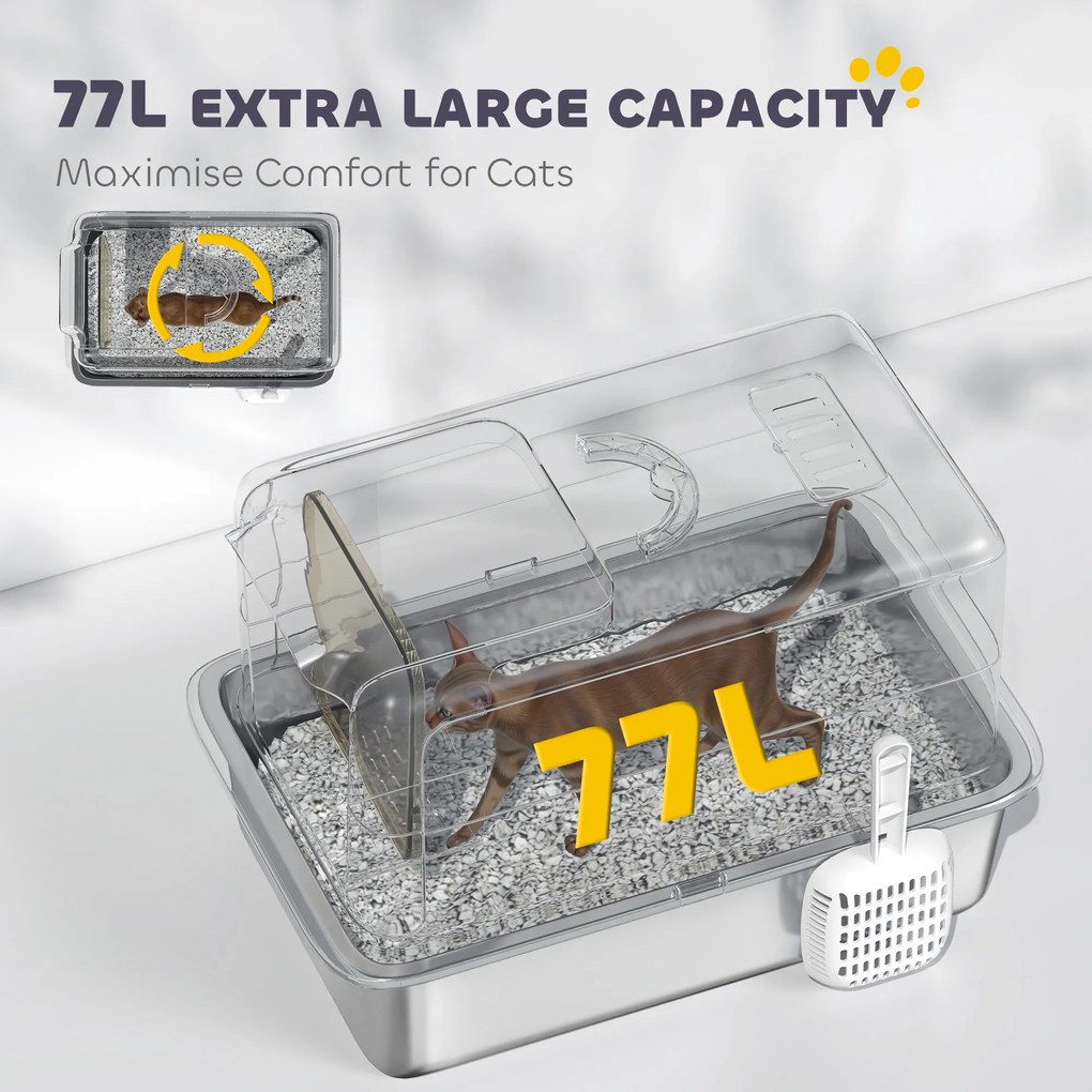 PawHut Kuweta dla kota ze stali nierdzewnej, z filtrem i łopatką, dla kotów do 6 kg, 40,5 x 60,5 x 41,5 cm, Biały/Srebrny