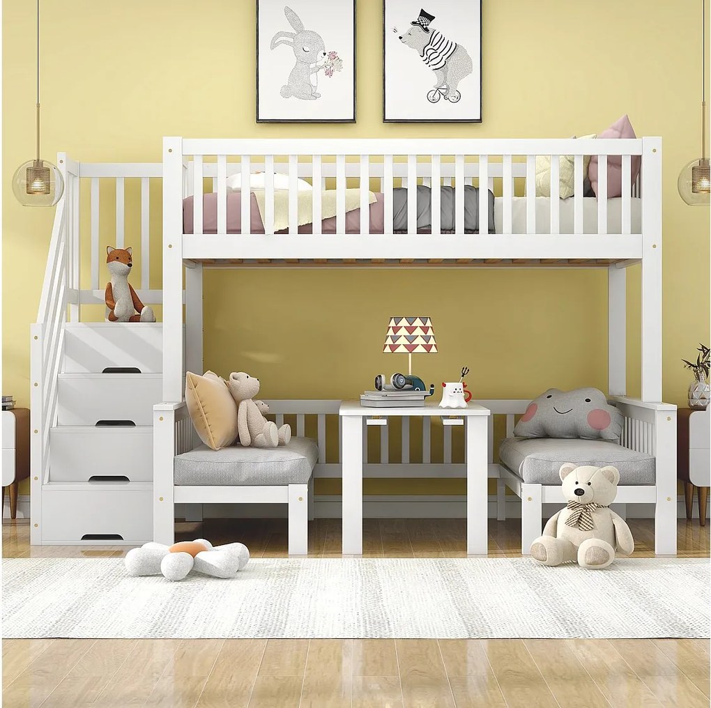 Łóżko piętrowe dla dzieci - 90 x 200 + 120 x 200 cm - ze stołem regulowanym + drabinką - sosna + płyta MDF - białe