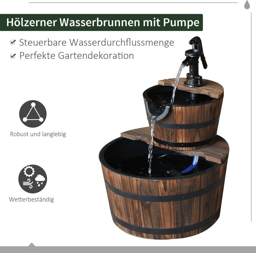 Outsunny Dekoracyjna fontanna ogrodowa kaskadowa drewniana 2-poziomowa ciemny brąz 44x44x58 cm | Aosom PL