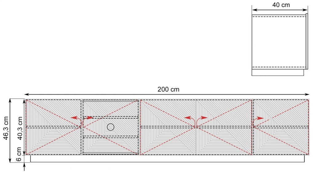 Szafka RTV Asha 200 cm pięciodrzwiowa z ryflowanym frontem - czarny mat