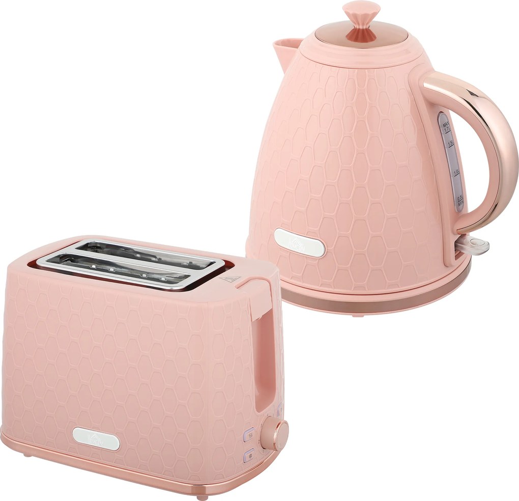 HOMCOM Zestaw czajnika i tostera, 1,7 l 2200W szybkogotujący czajnik z automatycznym wyłączaniem i toster na dwie kromki chleba z szufladą na okruchy, różowy | Aosom PL