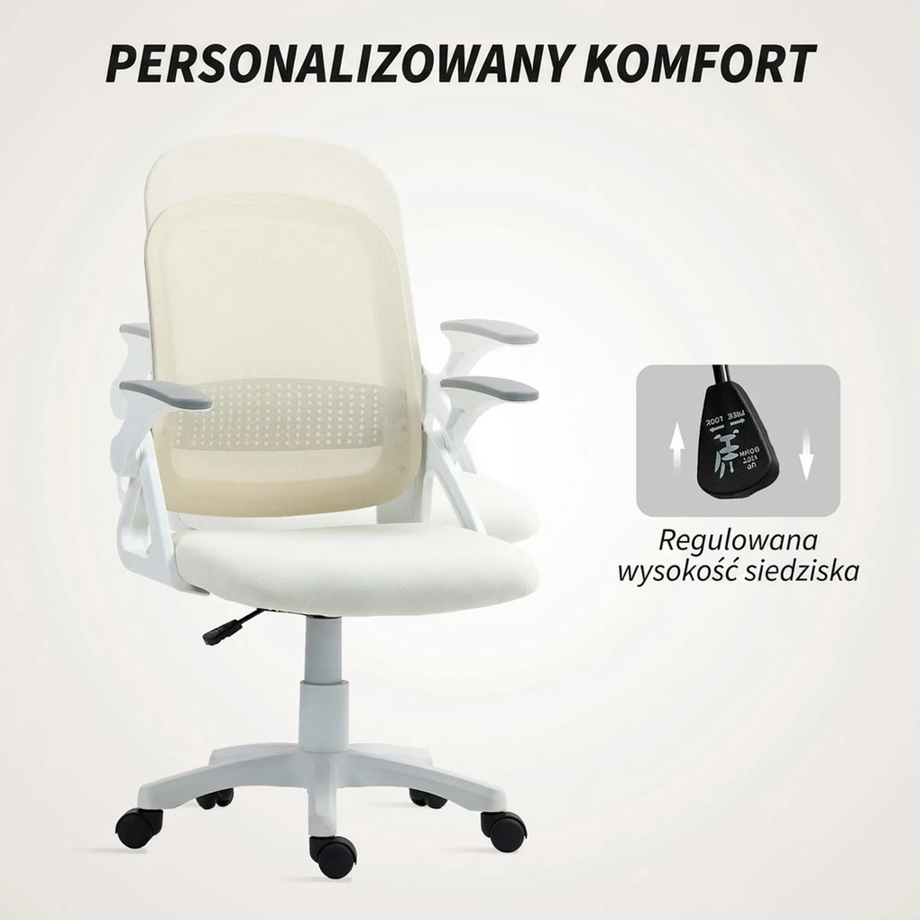 HOMCOM Oddychające siatkowe krzesło biurowe, ergonomiczne krzesło obrotowe z podnoszonymi podłokietnikami i podparciem lędźwiowym, białe | Aosom PL