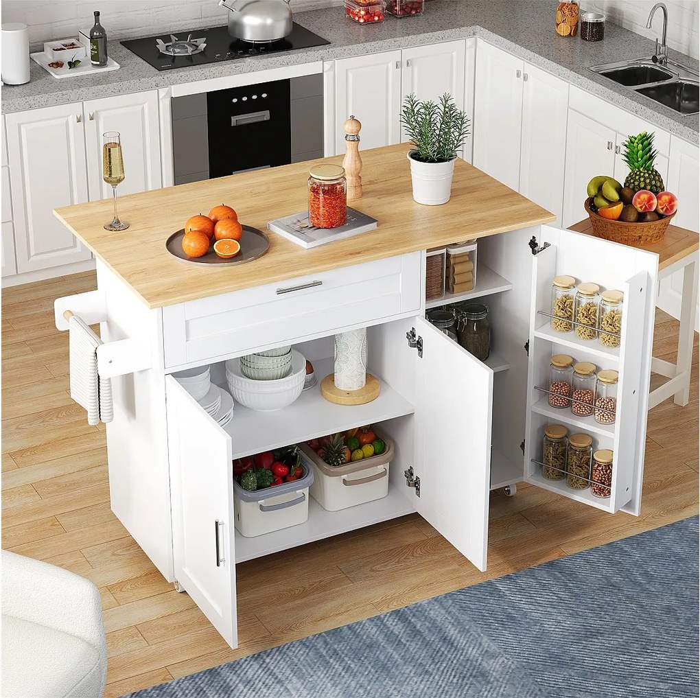 Mobilna wyspa centralna ze składanym blatem roboczym - 132,5 x 44 /70 x 90 cm - z 3 drzwiami + 1 szufladą - MDF - biały + naturalny