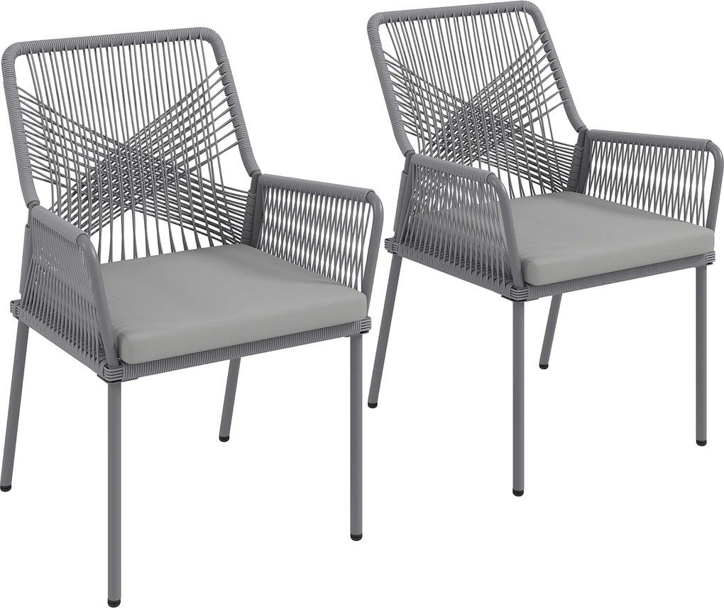 Outsunny Zestaw 2 Krzeseł Ogrodowych, Krzesła Tarasowe, Zdejmowane Poduszki, Oparcie, Podłokietniki, Stal, Rattan, Ciemnoszary