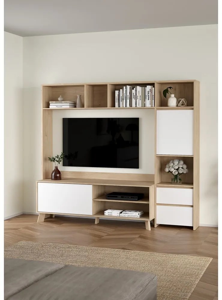 Biało-naturalny zestaw pod TV w dekorze dębu 209x183x48 cm Next – Tvilum