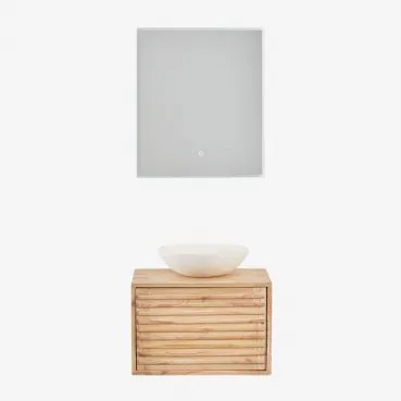 Zestaw Wiszących Mebli Łazienkowych 60x45 Cm Z Drewna Deleyna Naturalna & Cement Okrągły Biały Ø40 Cm Zavion & Prostokątna Lampa Led I Przeciwmgielna