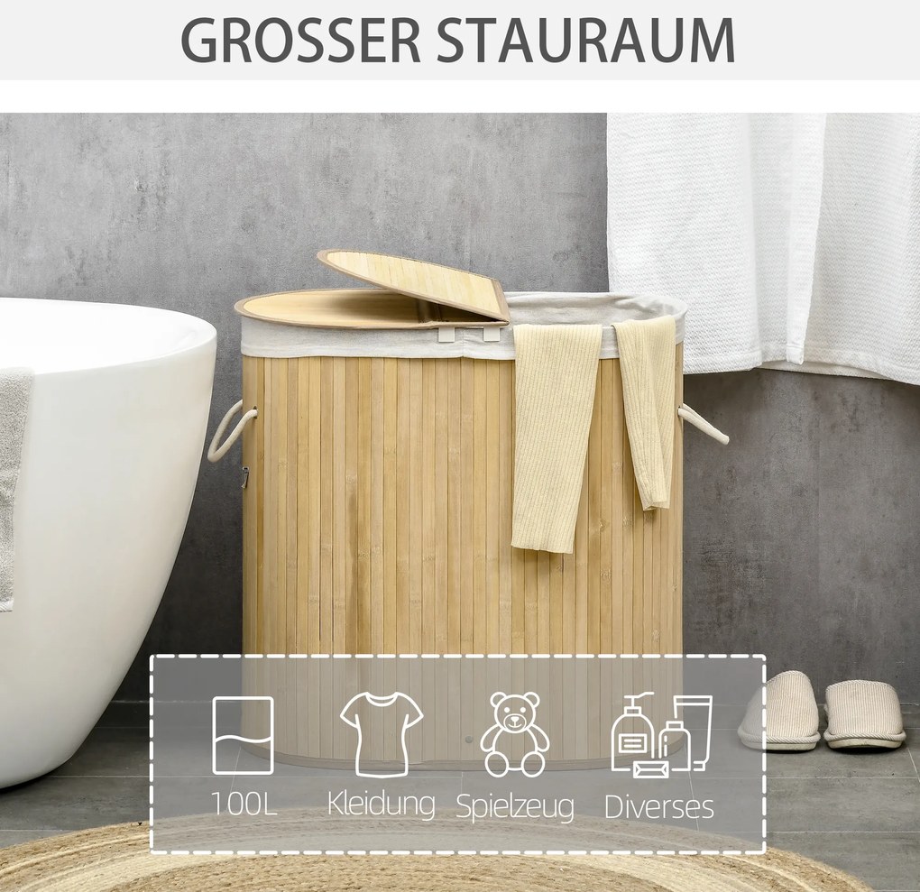 HOMCOM Kosz na bieliznę 100L z wyjmowaną ławą do prania 62,5 cm x 37 cm x 60,5 cm Naturalny + Biały