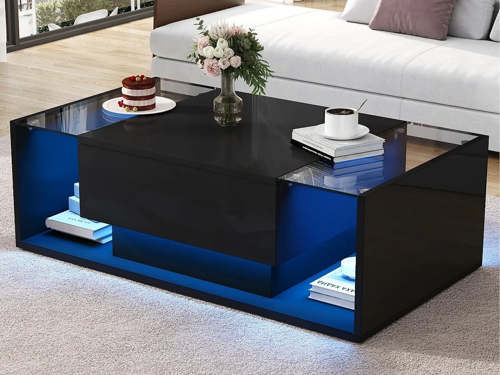 Stolik kawowy wysokopołyskujący 100x50x31 cm - 1 szuflada - z oświetleniem LED - Szkło hartowane - Czarny