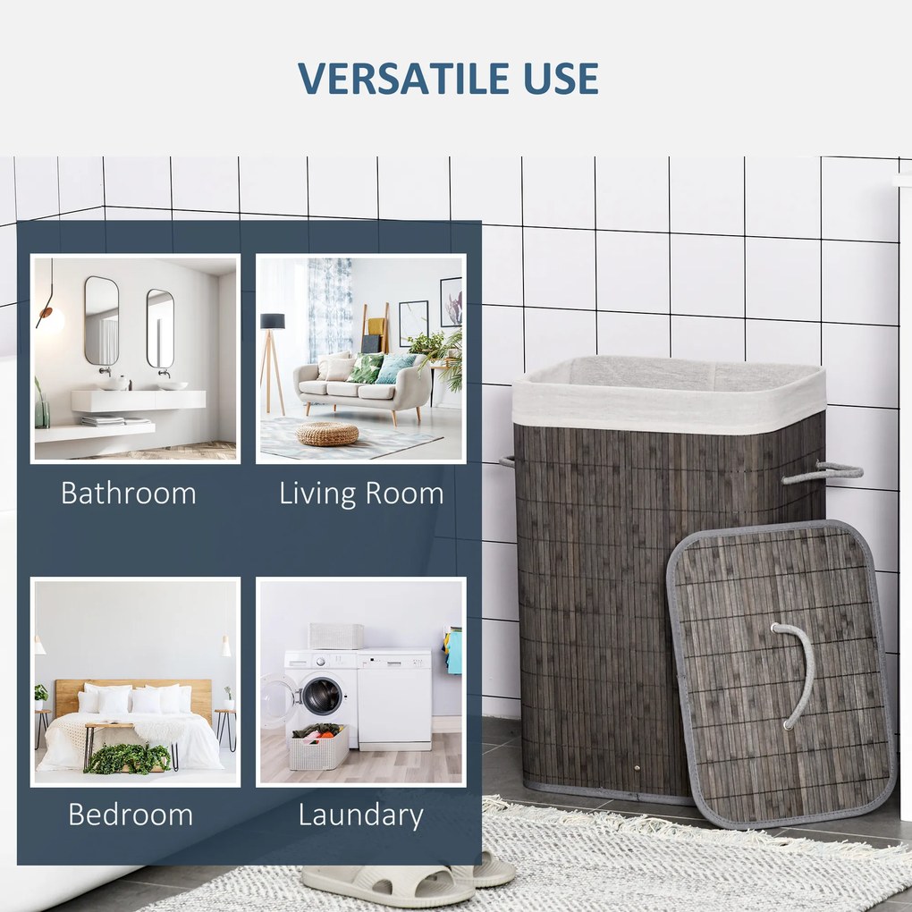 HOMCOM Kosz na bieliznę z uchwytami i pralnym workiem, Rattan, Poliester, Bawełna, Metal, 43L x 32S x 61W cm, Szary