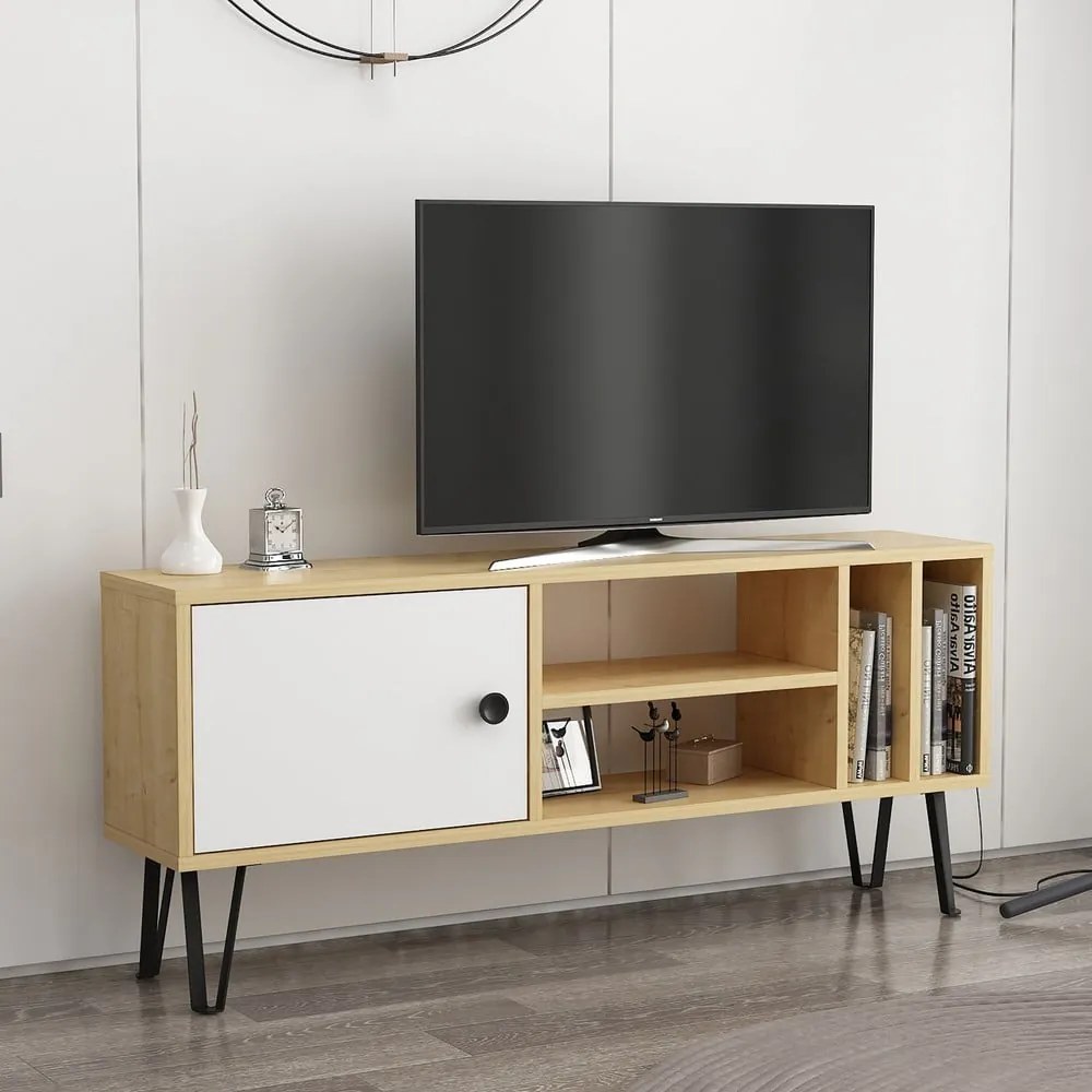 Biała szafka pod TV w dekorze dębu 120x52 cm Arven – Kalune Design