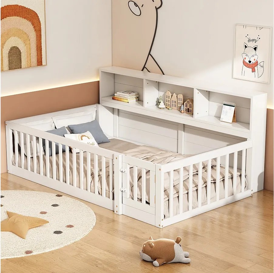 Łóżko dla dzieci 90x200 cm - z półkami i stelażem - białe - bez materaca