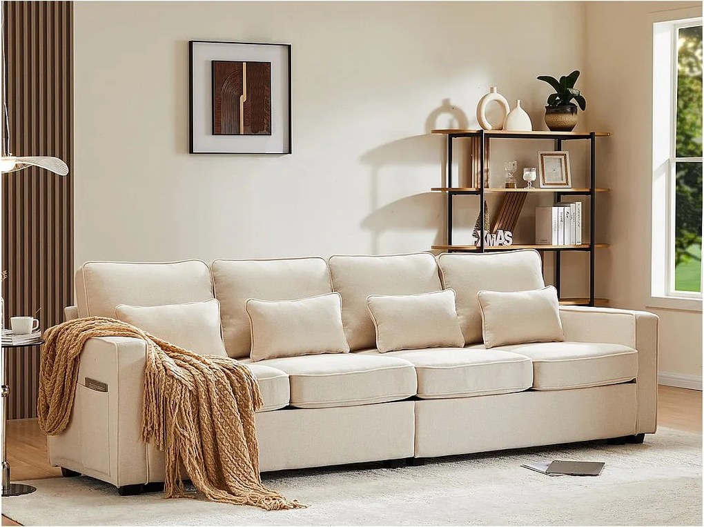 Kanapa stała 4-osobowa z tkaniny lnianej - z kieszeniami po bokach - Beżowa