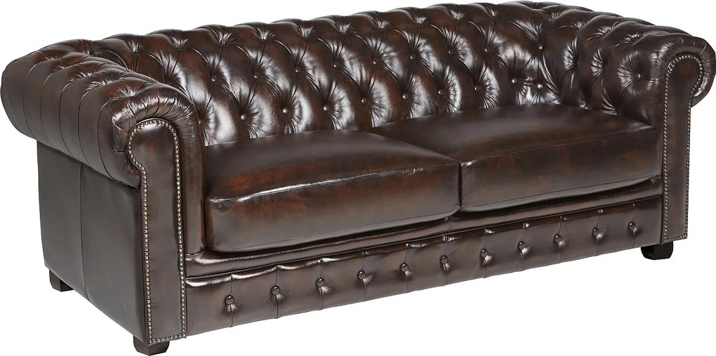 Kanapa 3-osobowa Chesterfield BRENTON 100% skóry bawolej - Kolor: brązowy z kasztanowymi refleksami