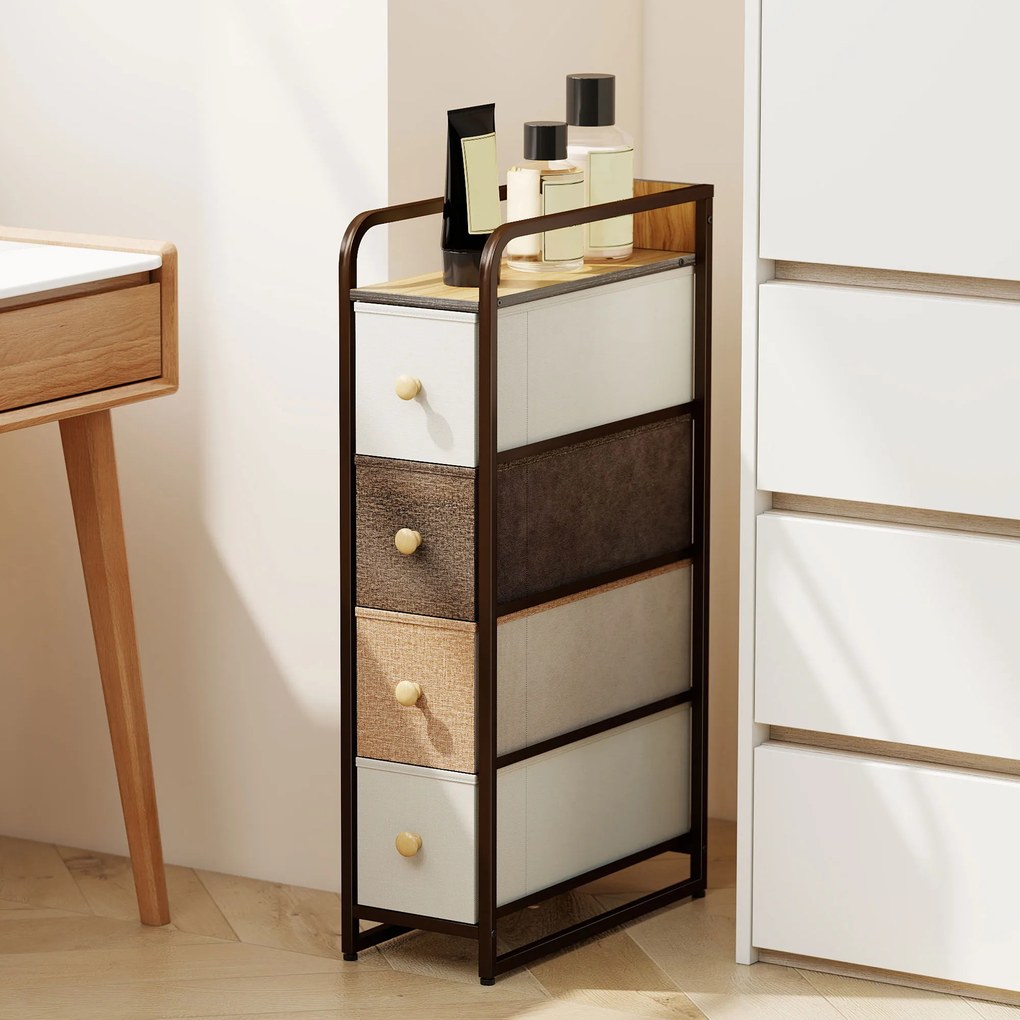 HOMCOM Komoda z 4 tkaninowymi szufladami, szafka do przechowywania ze stalową ramą, 20 x 47 x 84,5 cm, wielobarwna | Aosom PL