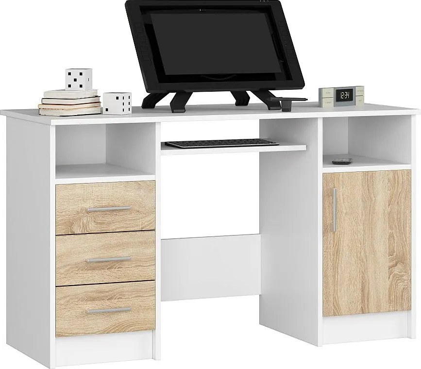 Biurko AKORD ANA Białe 124 cm biurko komputerowe 1 drzwi 3 szuflady kolor Dąb Sonoma mat 5 półek 124x52x74 cm