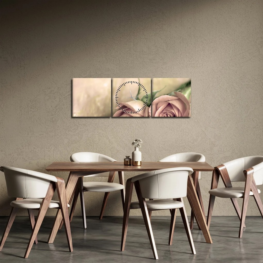 Obraz - Delikatne róże (z zegarem) (90x30 cm)