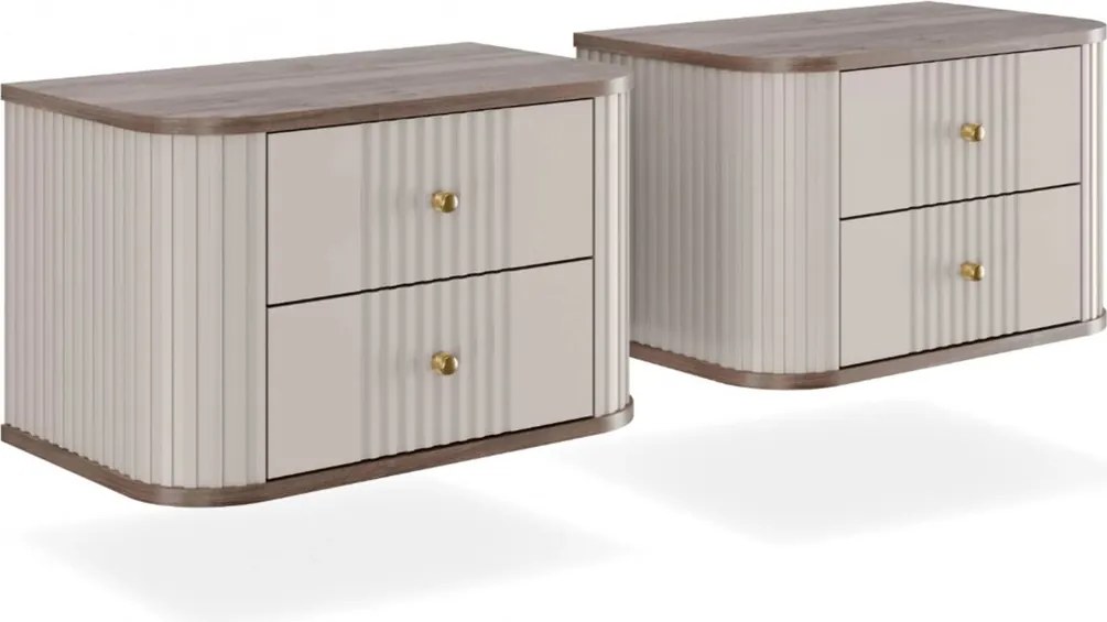 Zestaw szafek nocnych wiszących Vesper 56 cm - kaszmir / orzech / złote uchwyty