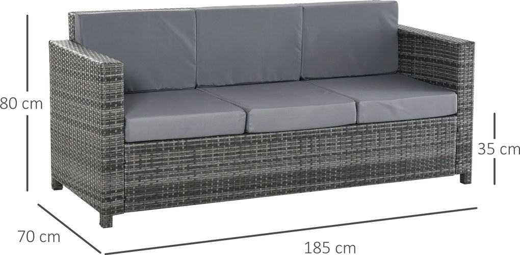Outsunny Sofa Ogrodowa 3-osobowa z Technorattanu z Poduszkami Metal Poliester Szary | Aosom PL