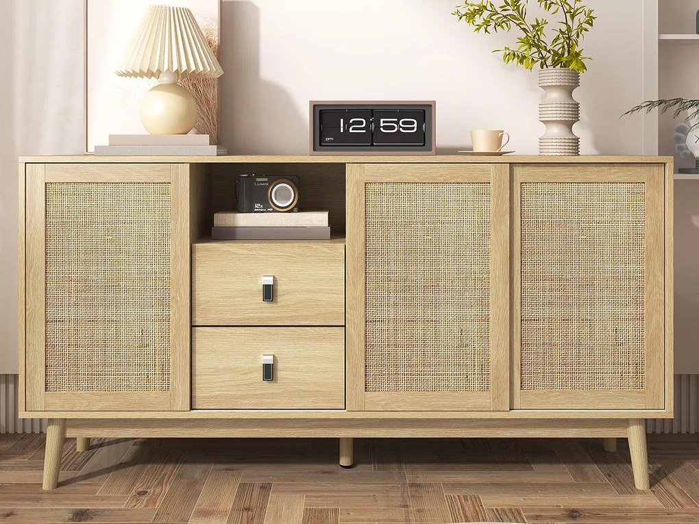 Bufet niski - 3 drzwi z rattanu i 2 szuflady - Naturalny