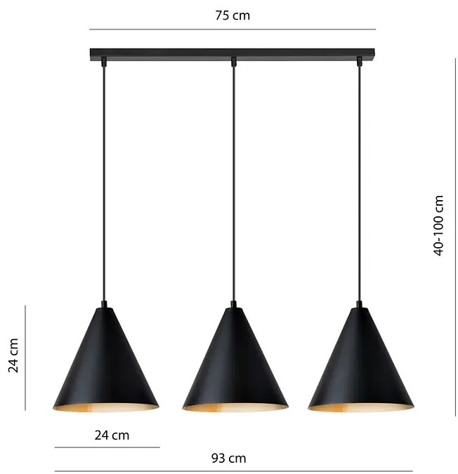 Potrójna czarno-złota lampa wisząca nad stół - D122 T6-G30