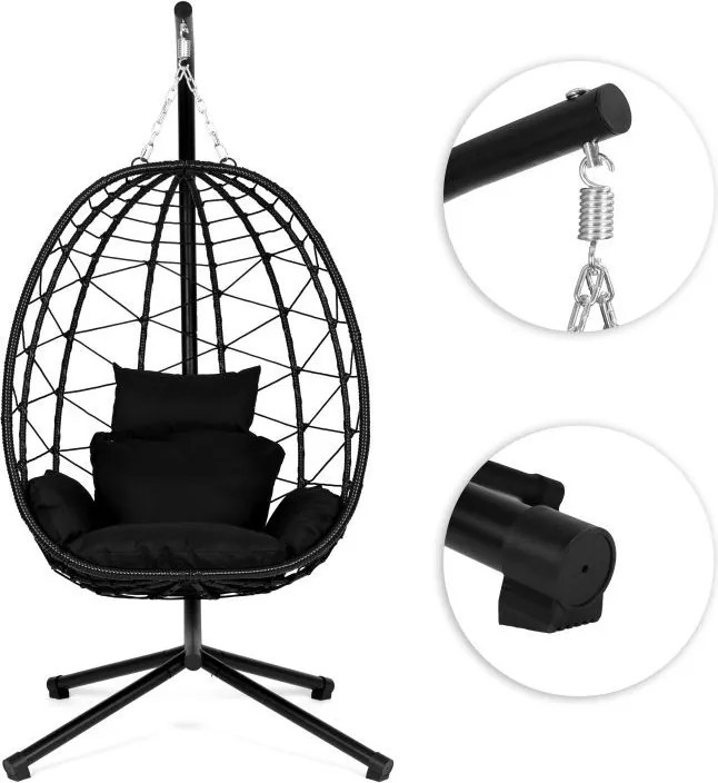 Fotel ogrodowy kokon wiszący Florino, ze stelażem, technorattan czarny