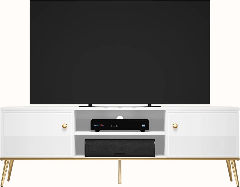 Szafka RTV 160 cm Goldin 06, biały połysk / złoty