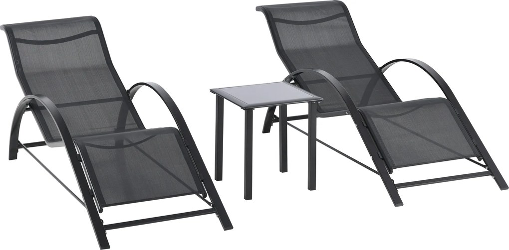 Outsunny Zestaw leżaków ogrodowych z stolikiem 2 sztuki Oddychająca tkanina Stabilna konstrukcja Czarny | Aosom PL