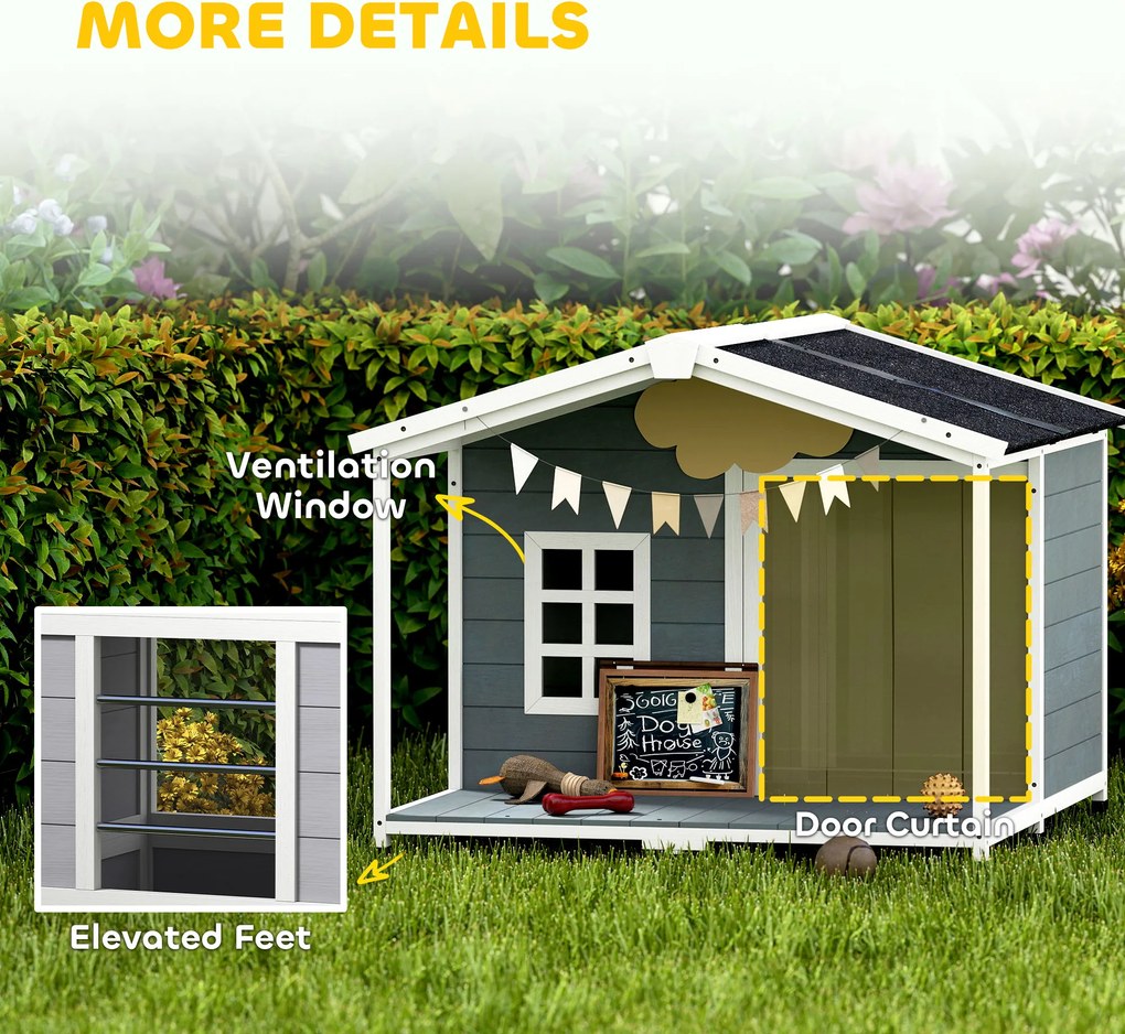 PawHut Buda dla psa wodoodporna z drewna, podwyższona podstawa, dach bitumiczny, taras, dla średnich psów 103x107x83,5 cm, szara | Aosom PL