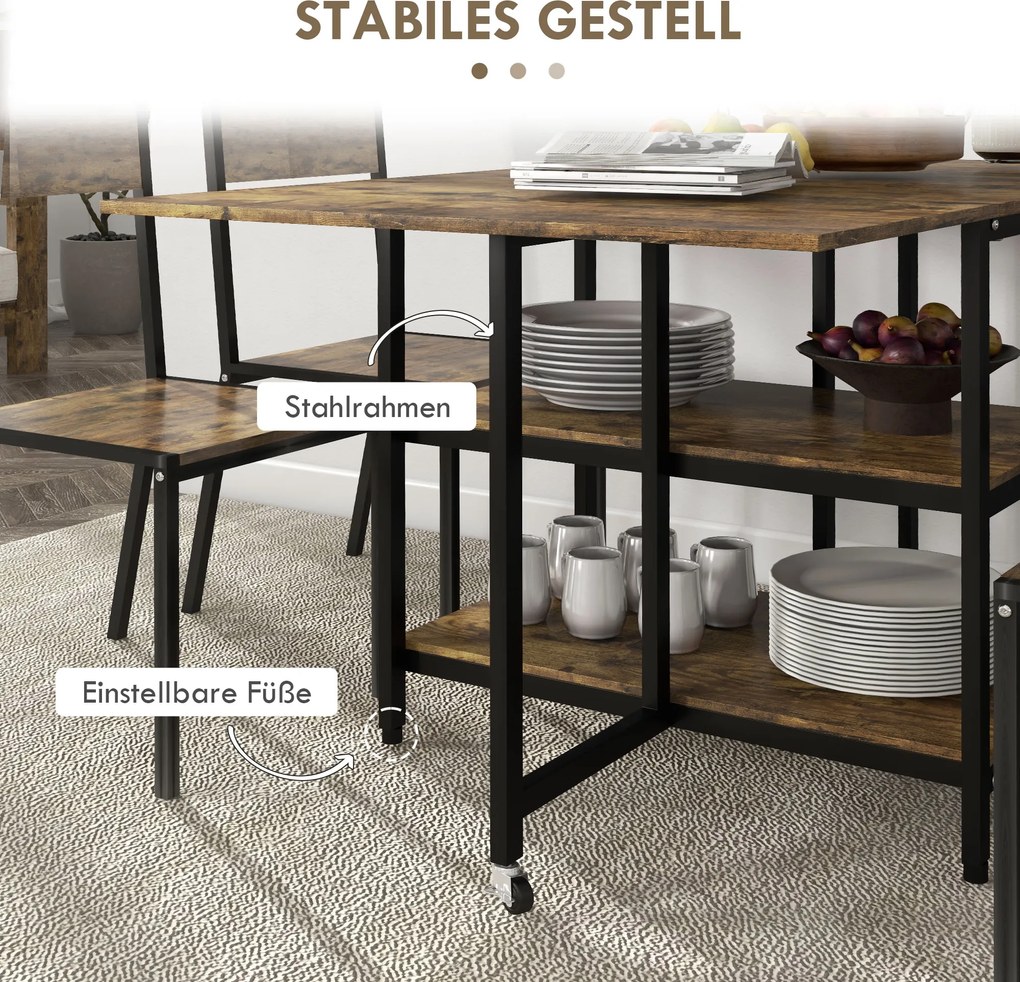 HOMCOM Stół składany do jadalni z kółkami i regulacją nóżek styl industrialny 140x80x75 cm brązowy czarny | Aosom PL