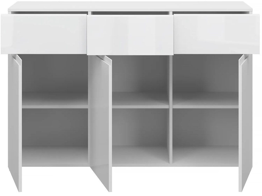 Komoda Trzydrzwiowa z Szufladami do Salonu MIST 135 cm Biały połysk Nowoczesna