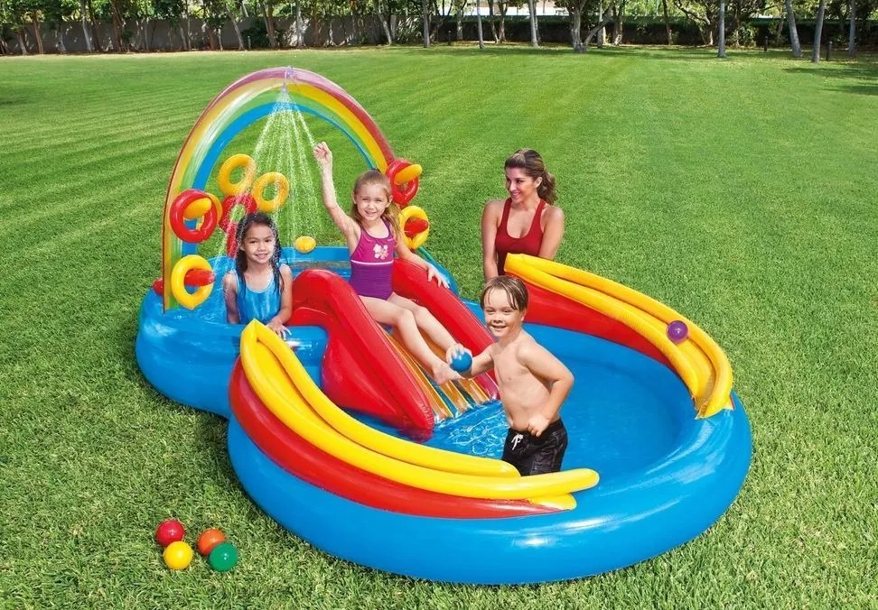 Dmuchany basen dziecięcy Intex 453 - wodny plac zabaw ze zjeżdżalnią i fontanną