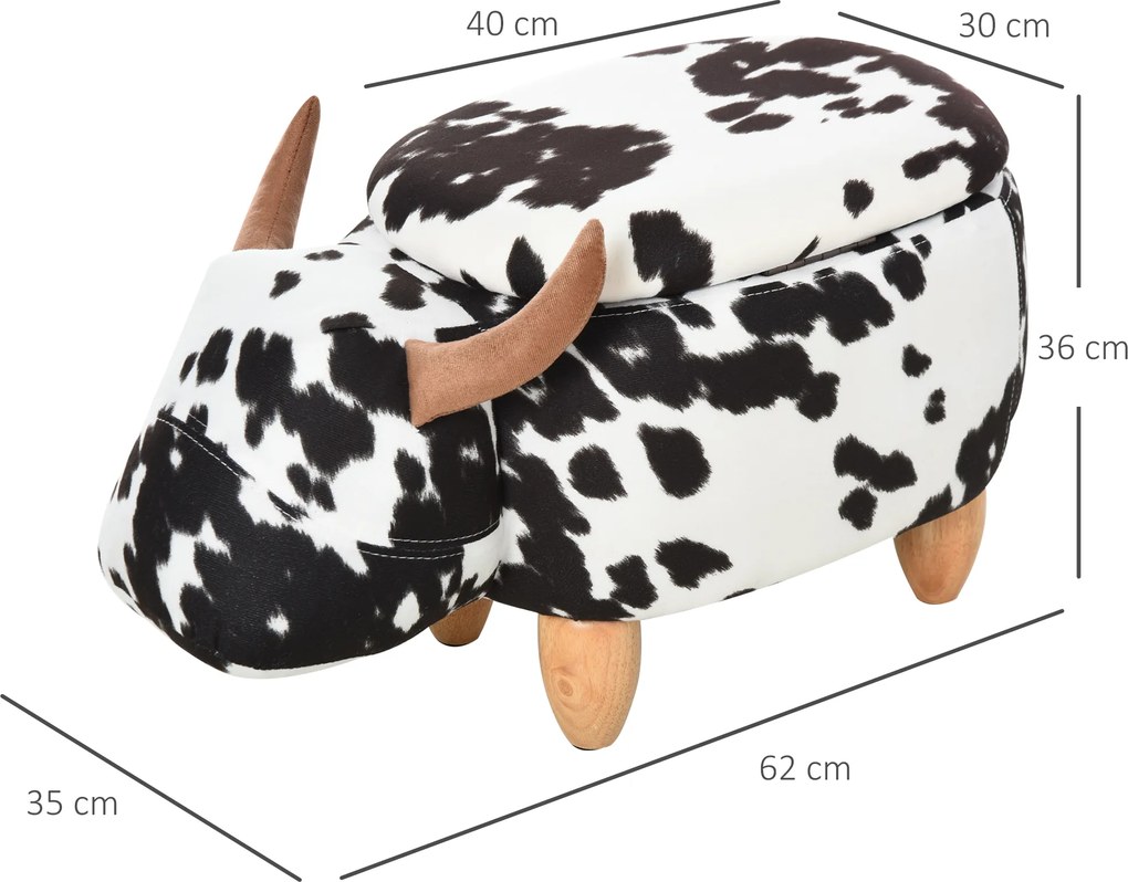 Taboret zwierzątko ozdobna pufa ze schowkiem Stołek w kształcie krowy Czarno-biały z naturalnymi akcentami | Aosom PL