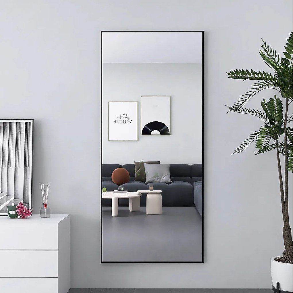 Lustro całkowite 180x80 cm czarna aluminiowa rama, styl Art Déco, wiszące lub stojące, szkło hartowane bezpieczne